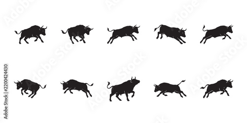 Mongolian cow vector set. Black silhouettes of mongolian cattle walking and running isolated on white background.