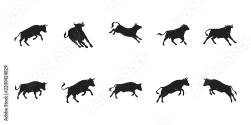 Mongolian cattle silhouette vector set. Collection of running and jumping bull poses for rodeo and wildlife design.