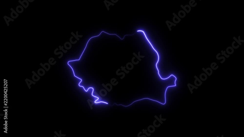 Romania map outline glowing neon light animation on black background