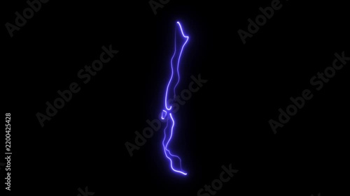 Glowing neon outline map of chile, animated digital country border, futuristic technology on black background