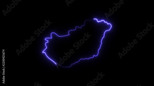Hungary country map outline with glowing neon light effect on black background