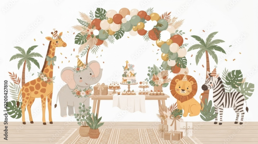 Fototapeta premium A lively baby shower celebration features an animal theme with decorations, a cake, and gifts for the expecting parents.