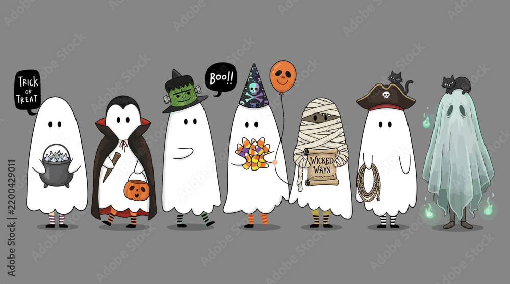 Obraz premium Happy halloween party greeting card with cute ghost and fancy hat. Holidays cartoon character. -Vector
