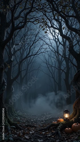 Dark Forest Path with Lantern and Pumpkins - A spooky, dark forest scene features a winding path covered in fallen leaves and a glowing lantern.