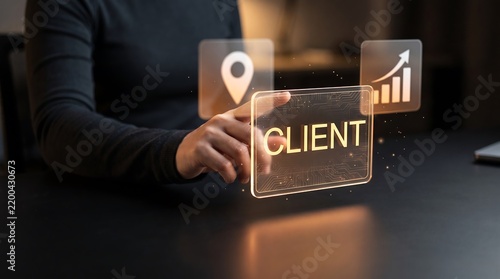 Digital client management concept with business interface and analytics icons