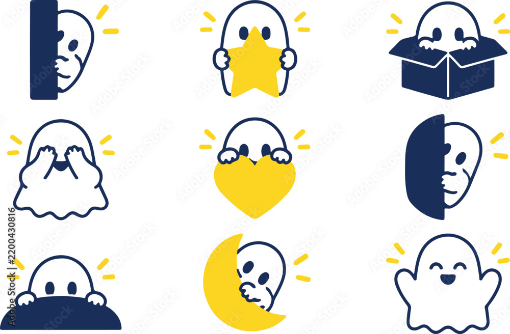 Fototapeta premium Cute Ghost Character Set With Various Poses And Expressions