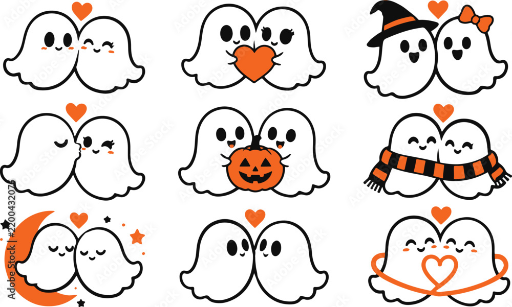 Fototapeta premium Cute ghost couple collection with hearts for Halloween designs