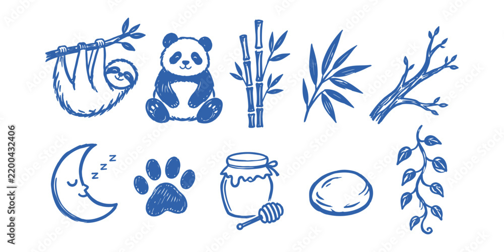 Fototapeta premium Cute panda sloth and jungle elements doodle set Vector Illustration 