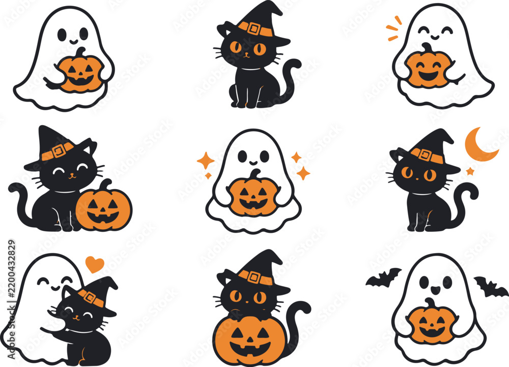 Obraz premium Cute Halloween Ghost and Black Cat Icon Set Collection