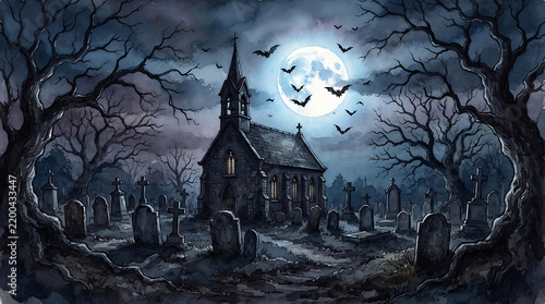 Spooky church in graveyard under full moon with bats flying at Dark Night