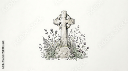 Rustic Celtic Cross Monument Among Wildflowers in a Peaceful Garden