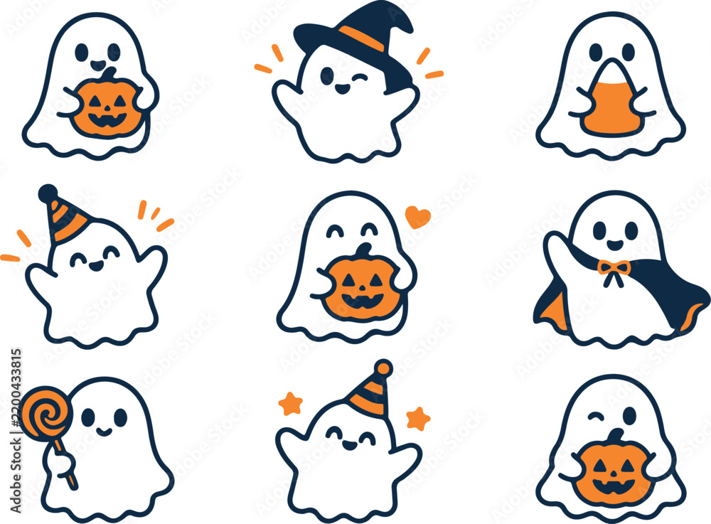Obraz premium Cute Halloween ghost character collection with pumpkins and costumes