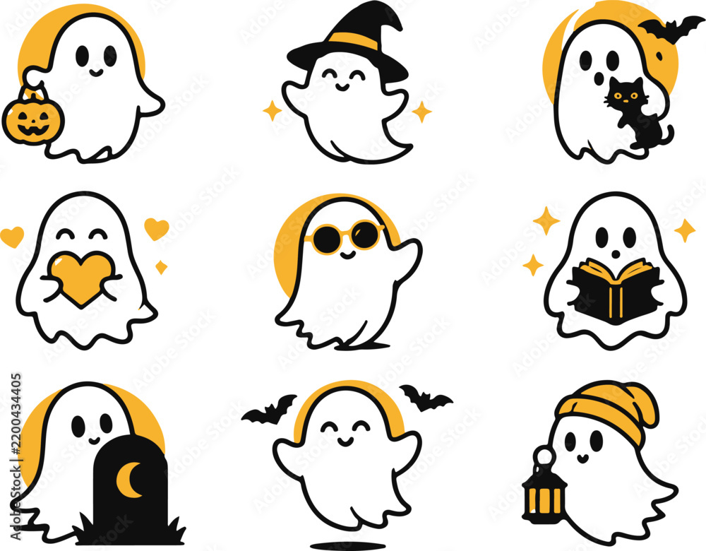 Fototapeta premium Cute Halloween Ghost Collection With Icons And Festive Elements