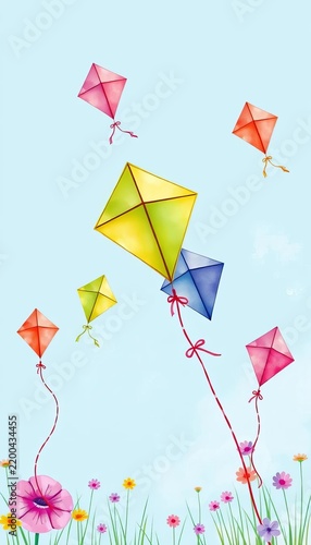 Vibrant, whimsical watercolor illustration of flying kites against a bright blue spring sky, isolated, ||white