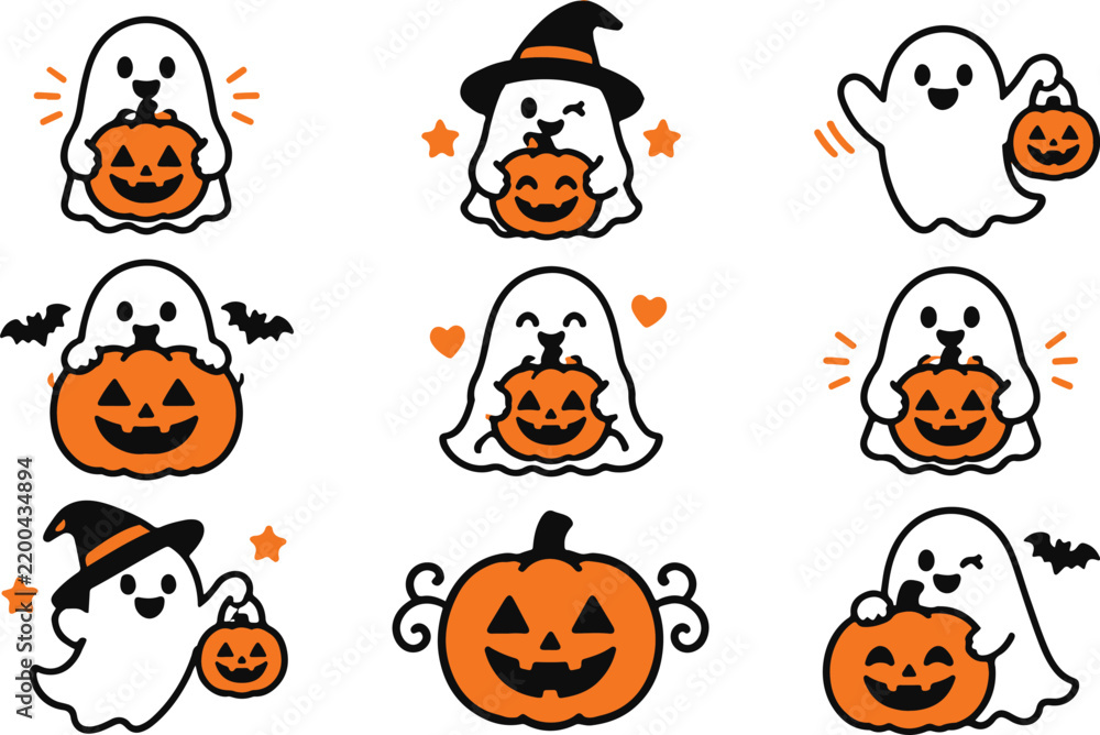 Obraz premium Cute Halloween Ghost Set With Jack O Lantern Pumpkins