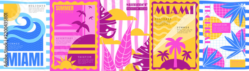 Miami beach. Abstract summer, travel sun. Tropical background for postage. Florida vacation, sunset poster. Sea cover at resort. Vibe party print. Vector garish art at style isolated illustration set