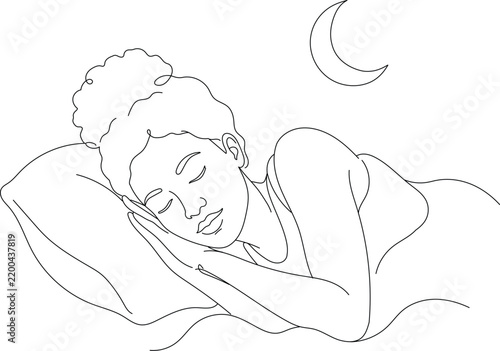 Peaceful woman sleeping on a pillow under a crescent moon, minimalist line illustration of bedtime, rest and healthy sleep