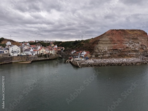 aerial view of Staithes seaside village and fishing port  North Yorkshire, England