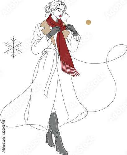 Elegant woman wearing a winter coat, scarf, gloves and boots in stylish line art fashion illustration