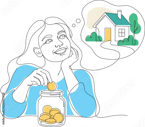 Woman putting coins into a savings jar while dreaming of a new house, illustrating home savings, financial planning and goals