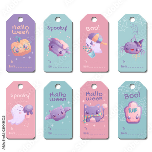 A set of cute Halloween printable gift tags for discounts and sales. Smiling characters. Ghost, cat, pumpkin, bat, spider, tombstone, witch's cauldron. Vector illustration for children
