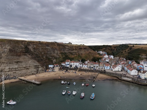 aerial view of Staithes seaside village  North Yorkshire, England