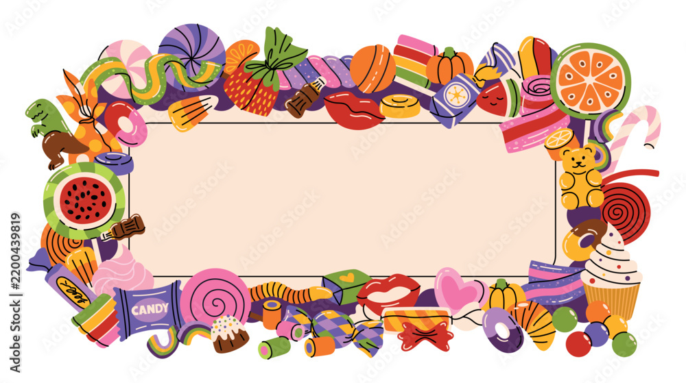 Fototapeta premium Cute frame with cartoon illustrations of various sweets of lollipops, gums, caramel, marmalade, candy canes, wrapped candy, chocolate, jelly fruit candies, cupcake, marshmallow around blank spaces.