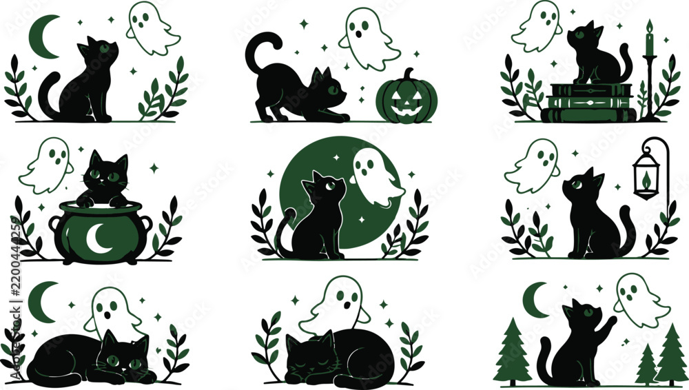 Obraz premium Halloween set of cute black cat and ghost illustrations