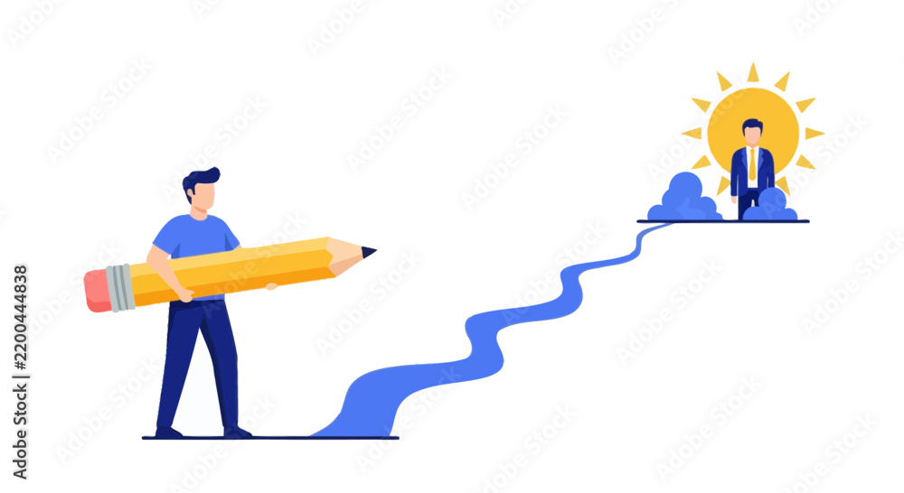 Obraz premium Business Path to Success Concept: Man Drawing a Road with a Large Pencil Towards a Professional Future and Career Goals, Flat Vector Illustration