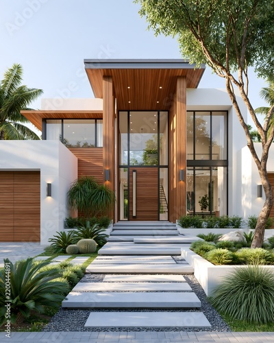 contemporary tropical family home surrounded by lush greenery, warm timber accents, white stucco walls, expansive glass windows, symmetrical front elevation, landscaped garden and stone pathway,