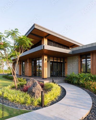 modern tropical retirement home with single-level accessible design, wide covered veranda, natural wood accents, large windows, low-maintenance garden, smooth pathway and peaceful green surroundings,