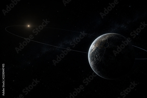 Distant rocky planet in deep space with faint sun and orbital path, astronomy and exploration concept