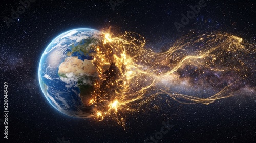 Planet Earth Dissolving into Golden Particles in Space