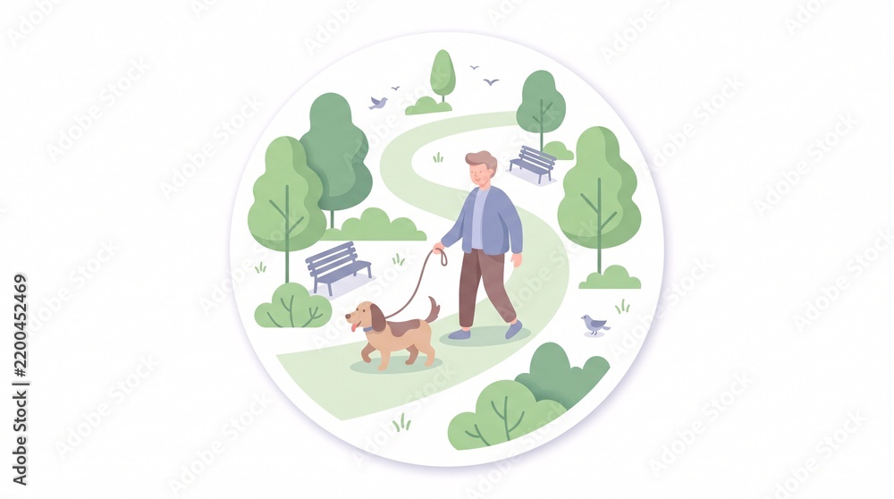 Fototapeta premium Man walking his pet dog on a leash in a peaceful city park with green trees and benches