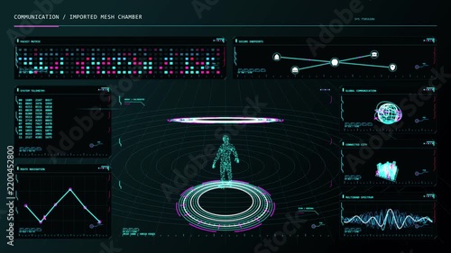 Futuristic sci-fi deep space telemetry HUD interface with radar, data charts, graphs, and digital control panels for tech and gaming projects.