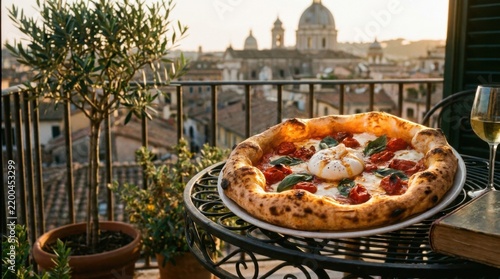 Round Baked Pizza on Balcony Table Facing City Skyline at Dusk