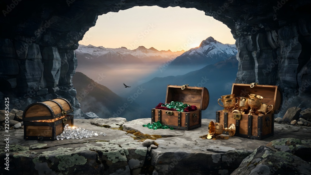 Obraz premium Secret Treasure Cave Hidden in Mountainous Landscape with Waterfalls and Gear