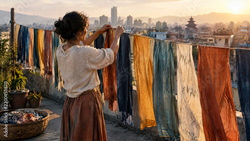 Young woman hanging naturally dyed fabrics to dry on a rooftop at sunset with a city skyline view