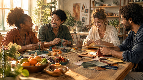 Diverse group of young adults laughing and crafting together at a wooden table in a sunlit workshop