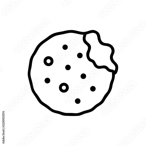 Black outline chocolate chip cookie with a bite taken out.