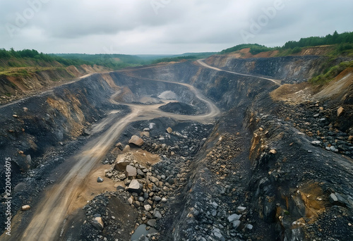 Environmental impact of open pit mining, industrial landscape with excavation site and heavy earthworks for mineral extraction and natural resource depletion