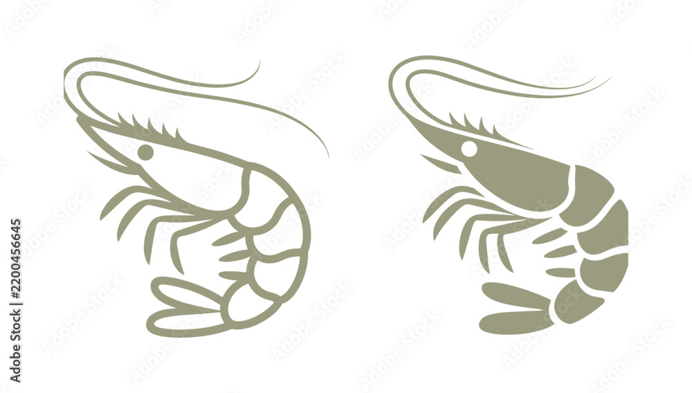 Fototapeta premium Shrimp icon collection, line and solid black vector style, seafood, crustacean, marine animal, shellfish, aquatic food, illustration