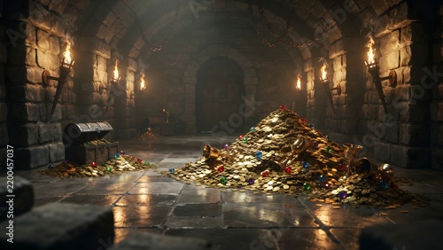 Secret treasure vault with overflowing gold coins and shiny jewelry in underground chamber