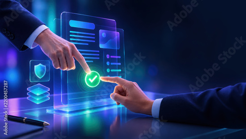 Deal closure illustration with businesspeople confirming secure digital approval through glowing interface and shield icon in blue light