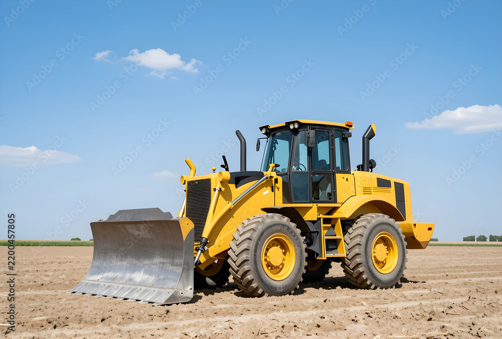 Fototapeta premium Infrastructure development and construction industry, yellow bulldozer on a rural field for land clearing and earthmoving project under a blue sky