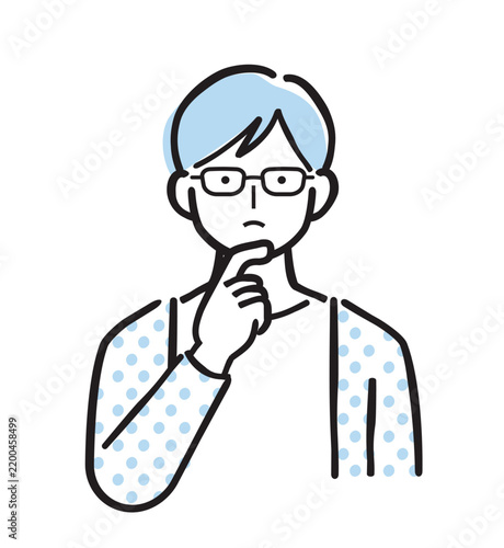 若い男性②_悩む_シンプル男性　考える　悩む　眼鏡　シンプルカラーイラスト