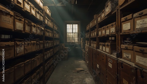 Dusty archive room filled with stacked brown cardboard filing boxes illuminated by bright morning sunlight streaming through a window pane