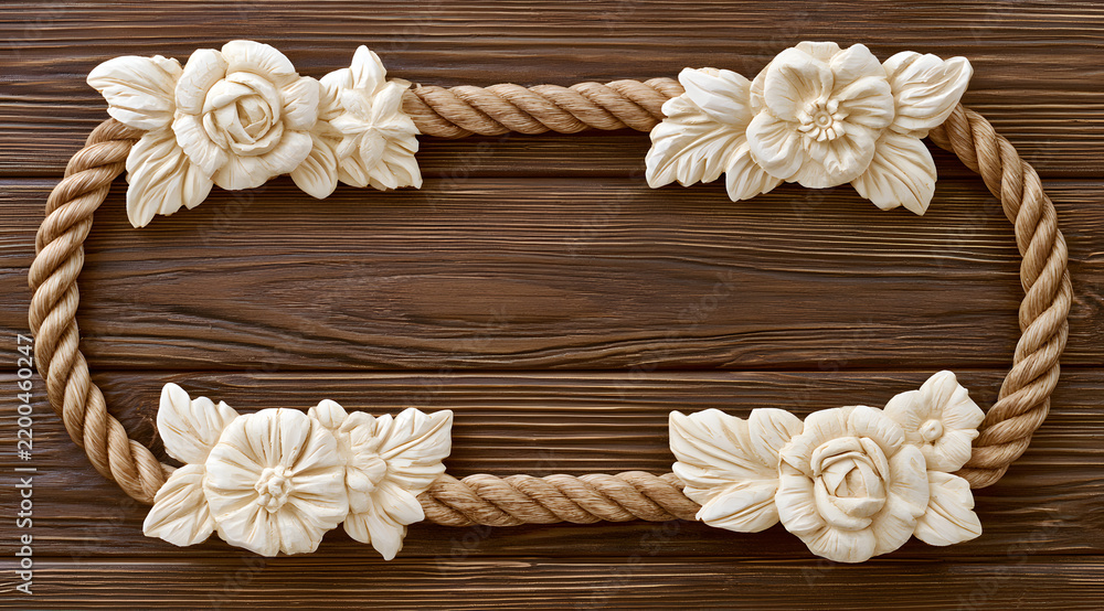 Fototapeta premium A rustic rope frame adorned with carved wooden flowers on pine planks, complemented by a vintage floral border. Nautical-inspired element for carpentry