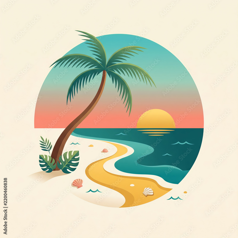 Fototapeta premium Tropical Beach Sunset with Palm Tree Circular Illustration