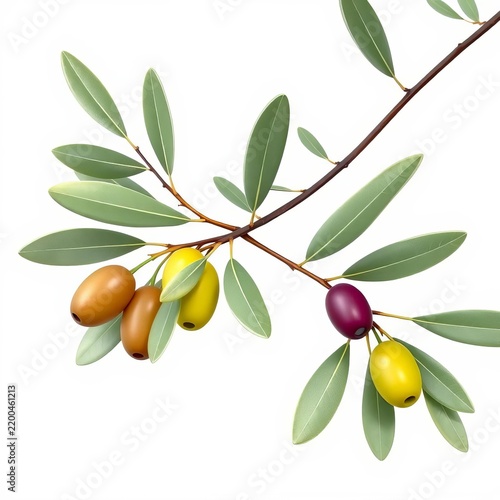 Illustration of an olive branch on a white background, isolated object, nature-inspired